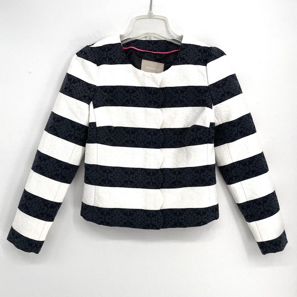 Banana Republic‎ Blazer Jacket Size 2 Petite Scallop Trim Jacquard Striped